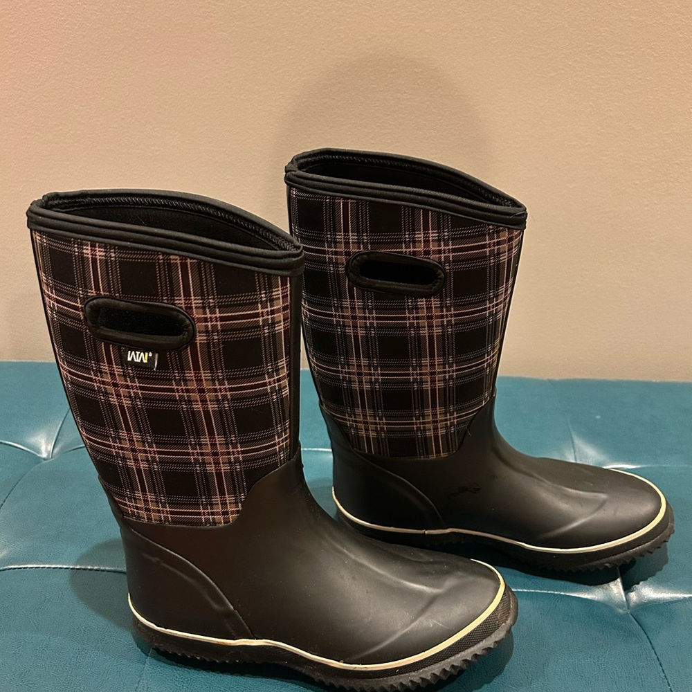 WTW Black and Pink Plaid Rain Boots